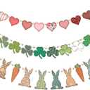 3 Pcs Easter Garlands Wood Bead Bunny Clover Heart Garlands for Easter St. Patrick's Day Valentine's Decorations Spring Wood Hanging Bunny Clover Heart for Mantle (Classic Style)