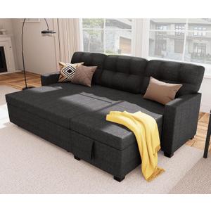 Wakefit Reversible Sectional Sofa Couch, Sleeper Sofa Bed with Storage Chaise Pull Out Couch for Living Room | Hidden Stroge | Pull Out Bed | Removable Backrest | Linen Fabric, DeepGrey