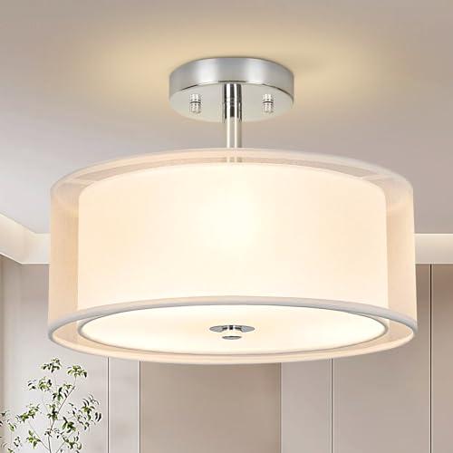 Ceiling Light, 3-Light Ceiling Light Fixture, Semi Flush Mount Ceiling Light, Light Fixtures Ceiling Mount with Double Fabric Shade, Bedroom Lights for Ceiling, White Ceiling Light Fixtures for Bedroom