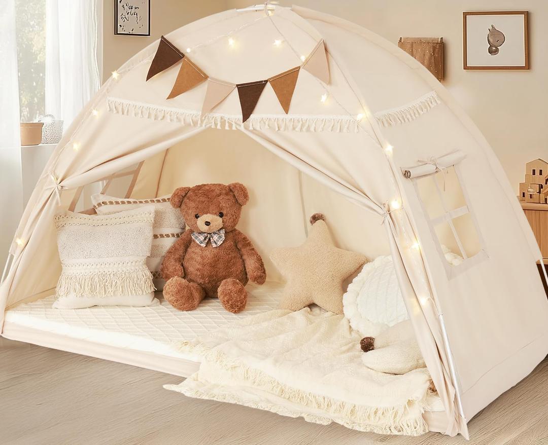 Twin Size Bed Tent Canopy, Kids Play Tent with Flags & Star Lights, Canopy on Bed Privacy Space Sleeping Blackout Tents, Indoor Breathable Portable & Foldable, Girls & Boys Gifts, Cream Tassels Style (Twin Size (78.7 x 38.5 x 49.6 in))