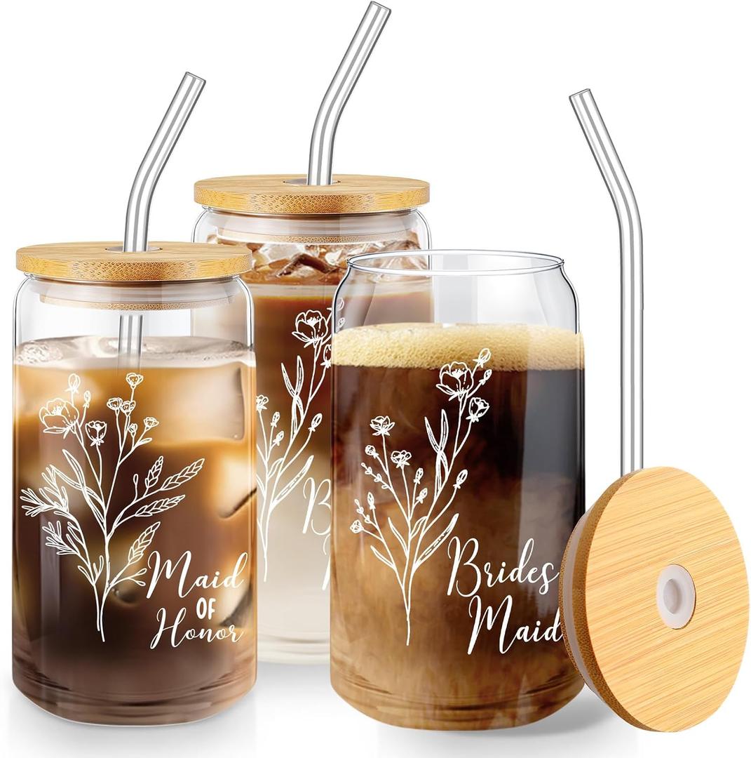 Layhit 3 Pcs Bridesmaid Gifts Bridesmaid Proposal Gifts 16 Oz Cute Can Shaped Drinking Glasses with Bamboo Lids and Glass Straw Iced Coffee Cup Mason Jar Cups for Engagement Wedding Bridal