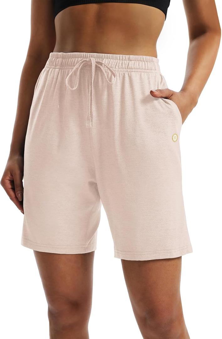 LUCKYCATCUS Women's 7" Bermuda Shorts Jersey Shorts with Pockets Workout Yoga Athletic Long Shorts for Women (Beige, XXL)
