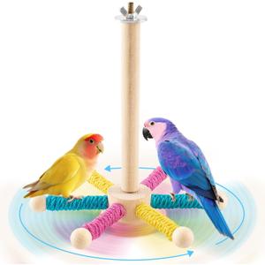 Spinning Bird Play Toy for Parrots, 360 Interactive Birds Perch Stand for Conures Wood Perches Enrichment Cockatiel Toys for Budgies, Birds Cage Accessories for Bird Cages