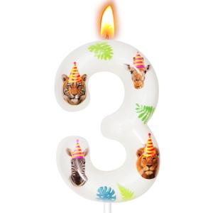 Wild Animal Birthday Candles, Wild Animal Party Decoration Supplies, Birthday Number Candles for Cake Topper (Dark Green, Number 3)