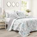 Lush Decor Aprile Reversible Floral Quilt Queen Size 3 Piece Set Full/Queen, Blue & Gray - Bedding Set - Floral Quilt - Cottage Bedroom Dcor