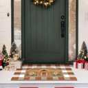 Dunzy 2 Pcs Christmas Gingerbread House Door Mat Combo Set 16.9 x 29.5 Coir Welcome Door Mat and 27.5 x 43.3 Brown and White Plaid Rug for Christmas Porch Decor Outdoor Farmhouse Entryway Foyer