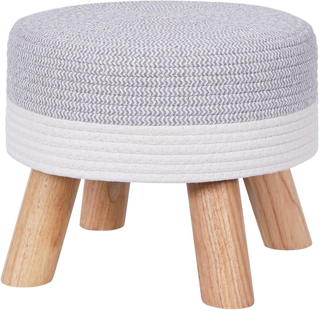 Vanity Stool Chair Hemp Rope Footstool Hand Weave Ottoman with Padded Seat,Small Ottoman Foot Rest with Wooden Legs for Bedroom,Small (Light Gray+Beige) (11 Inches Seat Height)