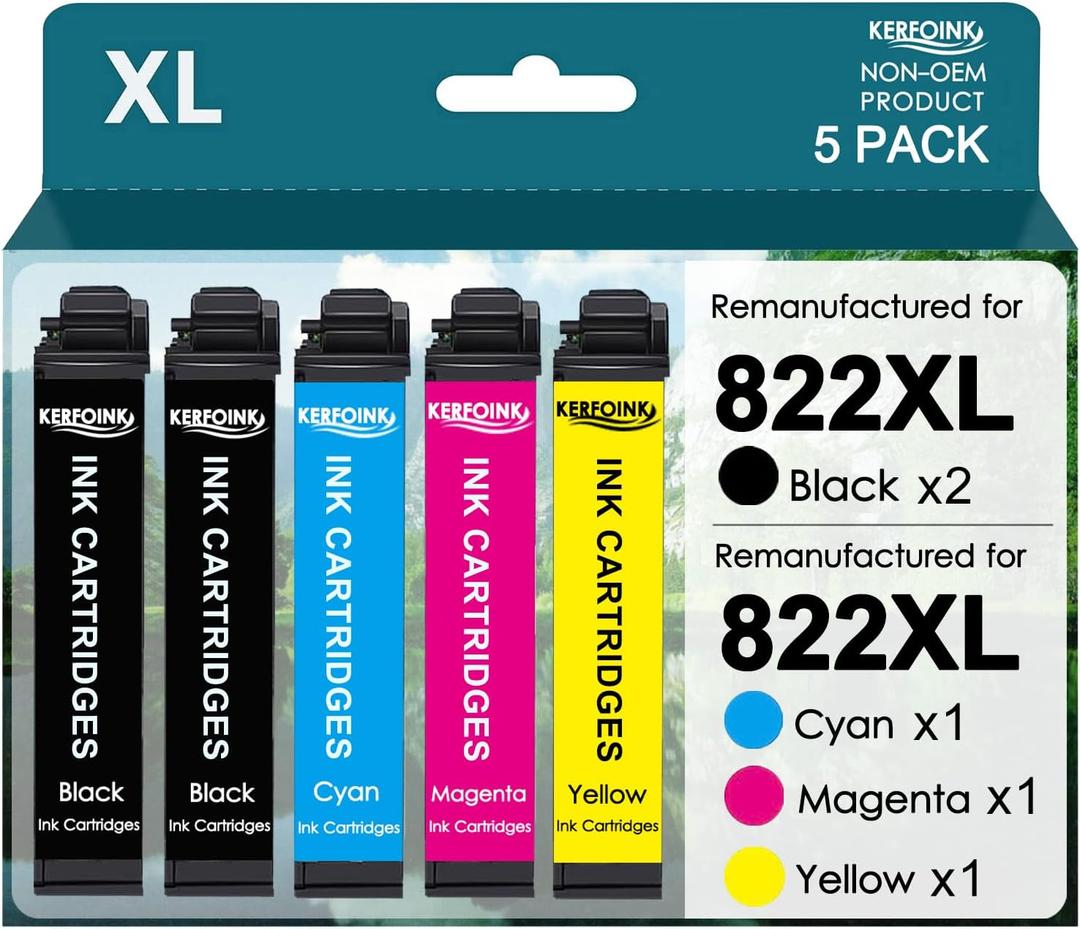 for 822XL Ink Cartridge Remanufactured for Epson 822XL Ink Cartridges 822 822 XL for Workforce Pro WF-3820 WF-3823 WF-4820 WF-4830 WF4833 Printer (2 Black Cyan Magenta Yellow, 5 Pack)