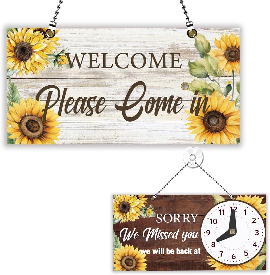 PLIGREAT Sunflowers Board Double Sided Open Closed Sign with Clock Welcome Please Come In Sorry We Missed You Signs for for Business Retail Store Window Wall Decor Hanging Door Signs with Chain