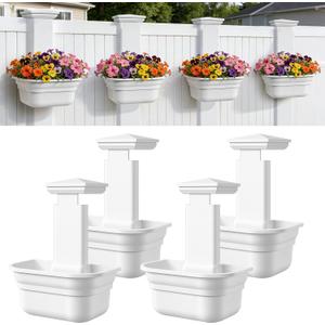 Hanging Planters for Outdoor Plants - Fence Hanging Planters for PVC Fence, Plant Hangers Hanging Plant Flower Pots White with Post Caps for Garden Yard Decor, Easy Install - 4 Pack