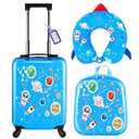 Sanwuta 4 Pcs Kids Luggage Set Kids Backpack Travel Rolling Suitcase with Wheels U-shape Pillow Childrens Gift for Girls Boys(17 Inch, Astronaut Style, Blue)