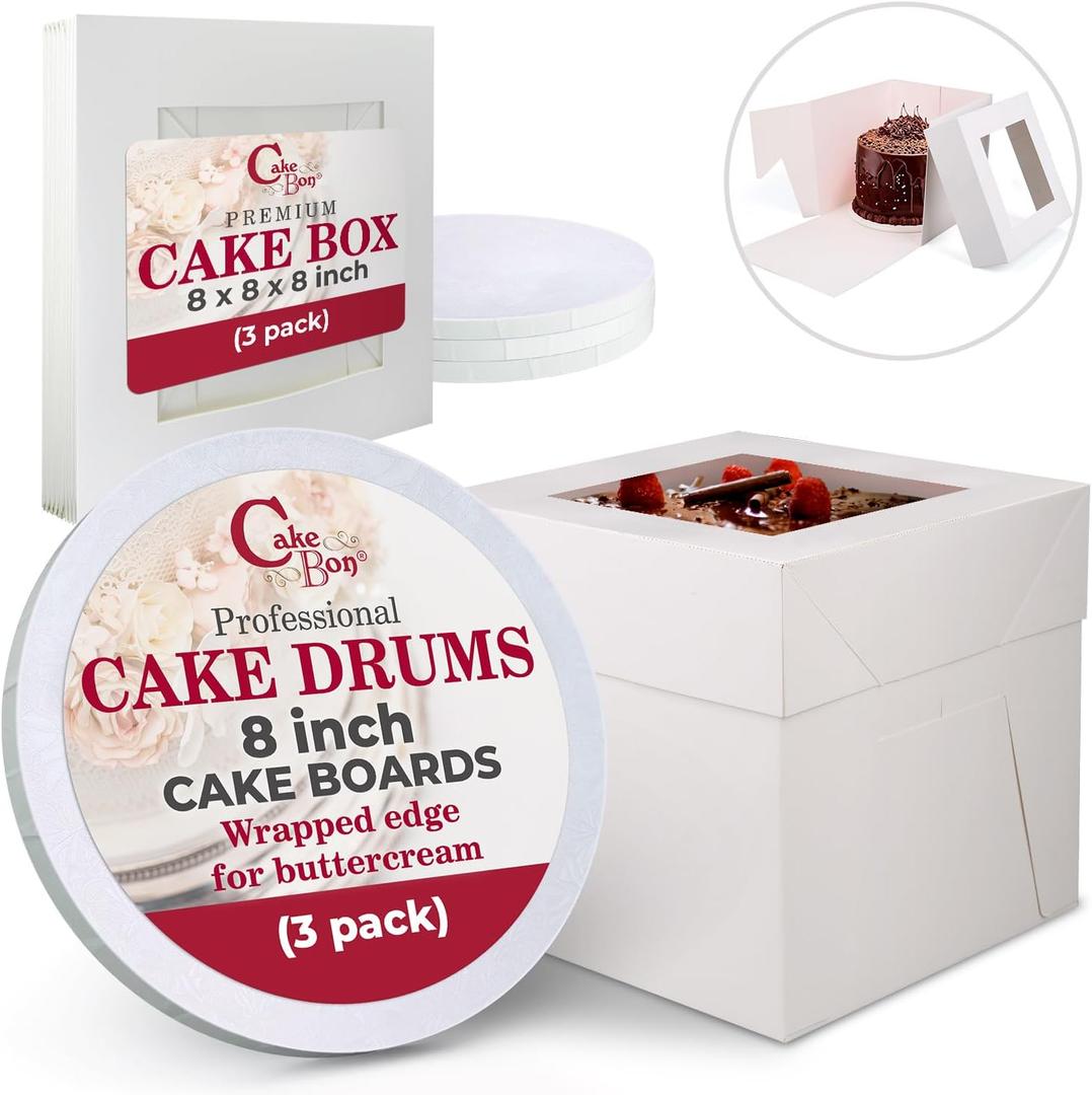 Cakebon Cake Boxes with Boards - 8 Inch Round Cake Drum White (3-pack) - Box With Window for Birthdays, Weddings and Parties
