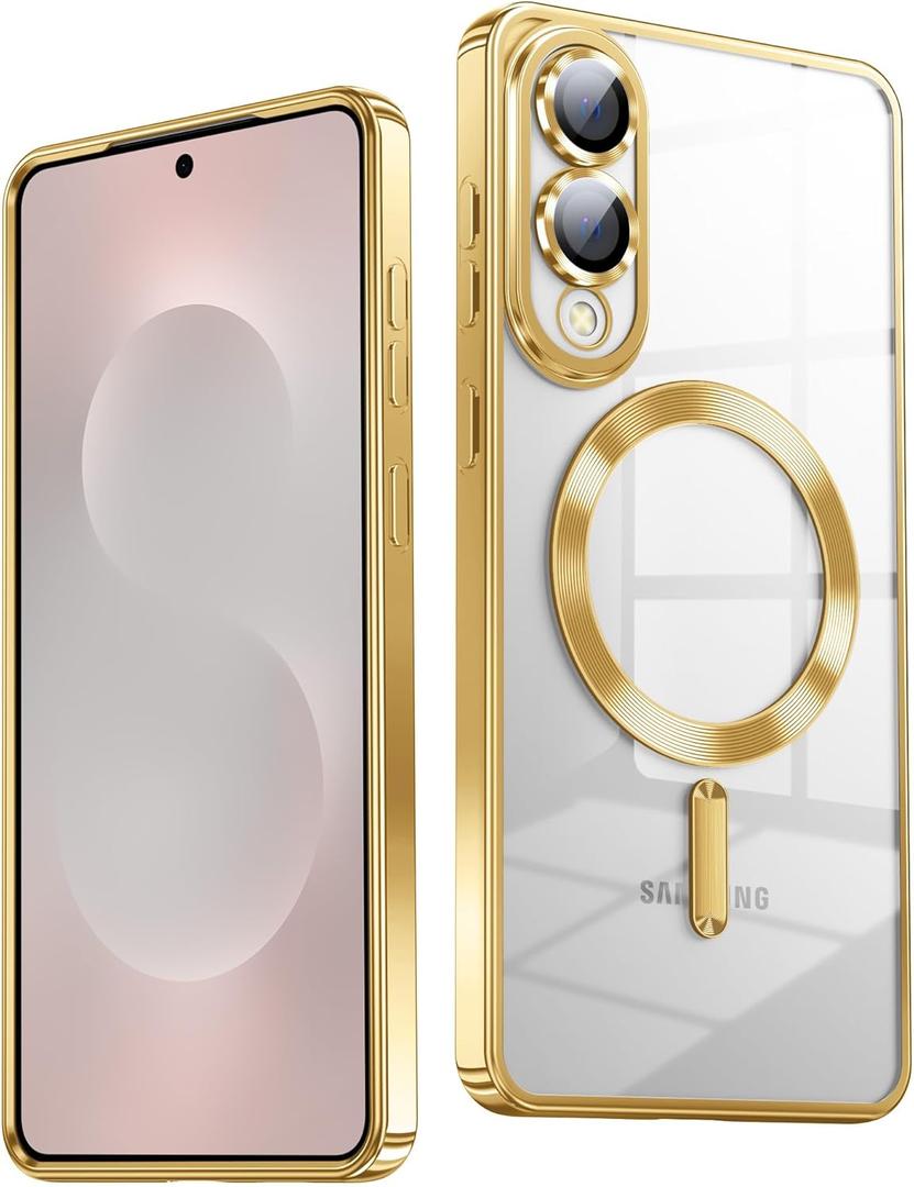 TOBOVON Slim Thin for Samsung Galaxy S25 Edge Case, Compatible with MagSafe, Built-in Camera Lens Protector, Shockproof Protective Phone Case, Soft Electroplated Clear Cover, Gold