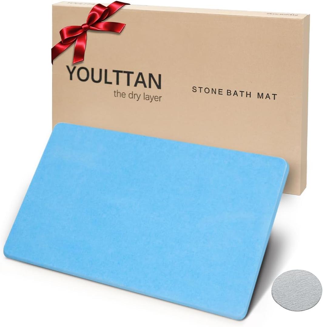 Stone Bath Mat 24"x16" - Diatomaceous Earth Shower Mat, Quick Dry, Anti-Slip, Modern Design with Bonus Non-Slip Pad - Perfect for Home Safety and Style, (Blue)