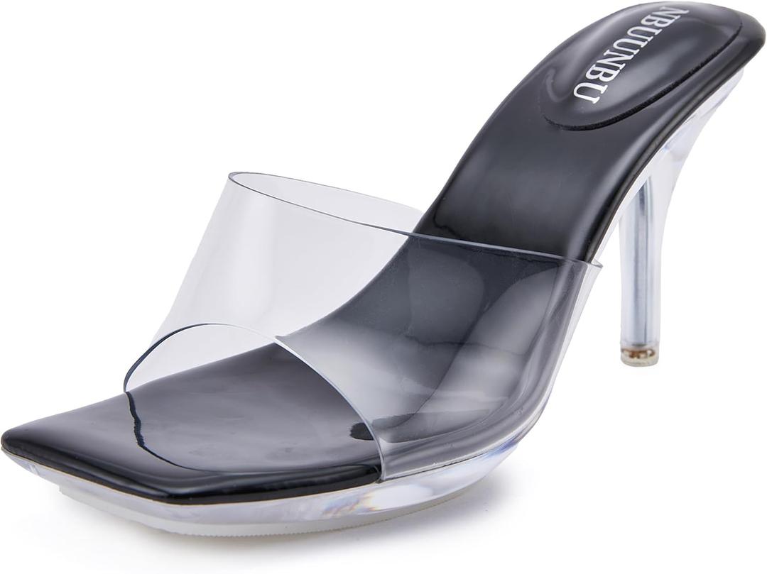 NBUUNBU Clear Heels for Women Sexy Platform High Kitten Heel Transparent Straps Shoes Square Toe Stiletto Comfortable Sandals Mules Pumps, 43, Black 10.5