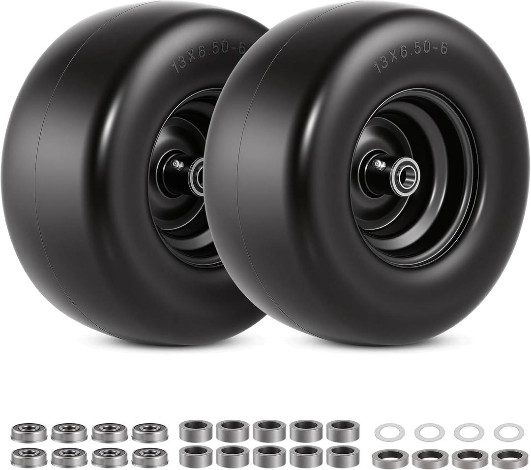 13x6.50-6 Flat Free Lawn Mower Tires and Wheel, 13x6.50-6 Solid Smooth Replacement Front Tires for Zero Turn Lawn Mowers, with 3/4" & 5/8" Bearings, 4"- 8.2" Centered Hub, 2 Pack, 136.50-6