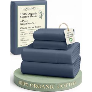 LANE LINEN 100% Organic Cotton Sheets for King Size Bed - Soft Percale Sheets, Breathable Luxury Hotel Style Machine Washable Fully Elasticized Mercerized 15" Deep Pocket King Sheet Set- Estate Blue