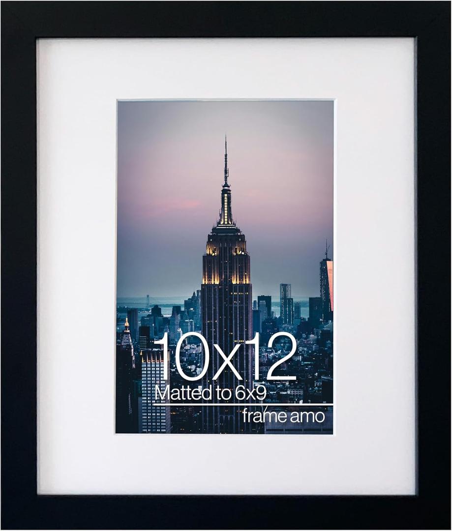 Frame Amo 10x12 Black Picture Frame with 5.5x8.5 White Mat Opening for 6x9 Image, 1 Inch Border, Acrylic Face, for Wall or Table