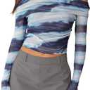 YOINS Women Off Shoulder Mesh Long Sleeve Tops Sexy Sheer See Through Shirts (Blue, S)