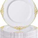 Nervure 100PCS White and Gold Plastic Plates - 10.25Inch Gold Disposable Plates - Heavyweight Dinner Plates for Wedding & Party & Thanksgiving