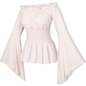 Irtysh Womens Renaissance Victorian Peasant Ruffle Smocked Waist Boho Pirate Shirt Blouse Cosplay Costume, 5XL