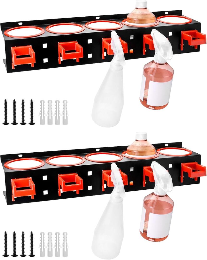 QWORK Wall-mounted Spray Bottle Holder, 2 Pack Aerosol Can Rack Organizer - 5 Holes and 5 Plastic Hooks Included for Tidying Up Your Cleaning and Detailing Tools