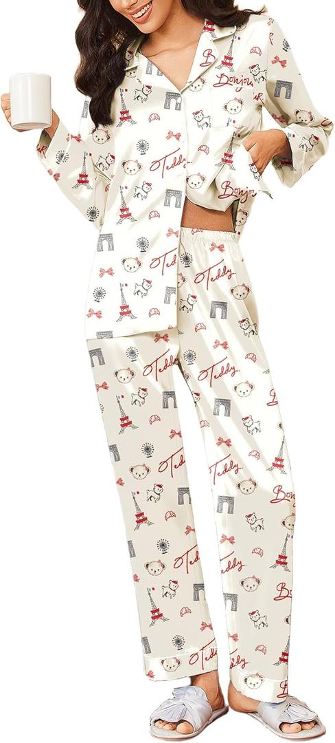 Ekouaer Silk Satin Pajamas for Women Teddy Bear Pjs Set Button Down Long Sleeve Loungewear Cute Sleepwear (Large)