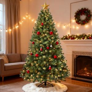7ft Per-Lit Artificial Christmas Tree with 400 Warm White Lights, Premium Full Hinged Prelight Christmas Tree with 1072 Steel Branch Tips, Green Xmas Tree for Easy Holiday Setup,Foldable Base