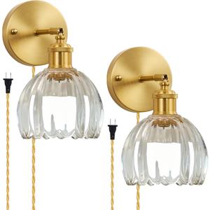 Plug in Wall Sconces Set of 2, Vintage Wall Lamp with 6.5FT Plug in Cord Clear Tulip Glass Shade Decor Indoor, Gold Wall Light for Bedroom Bedside Kids Living Room Bathroom