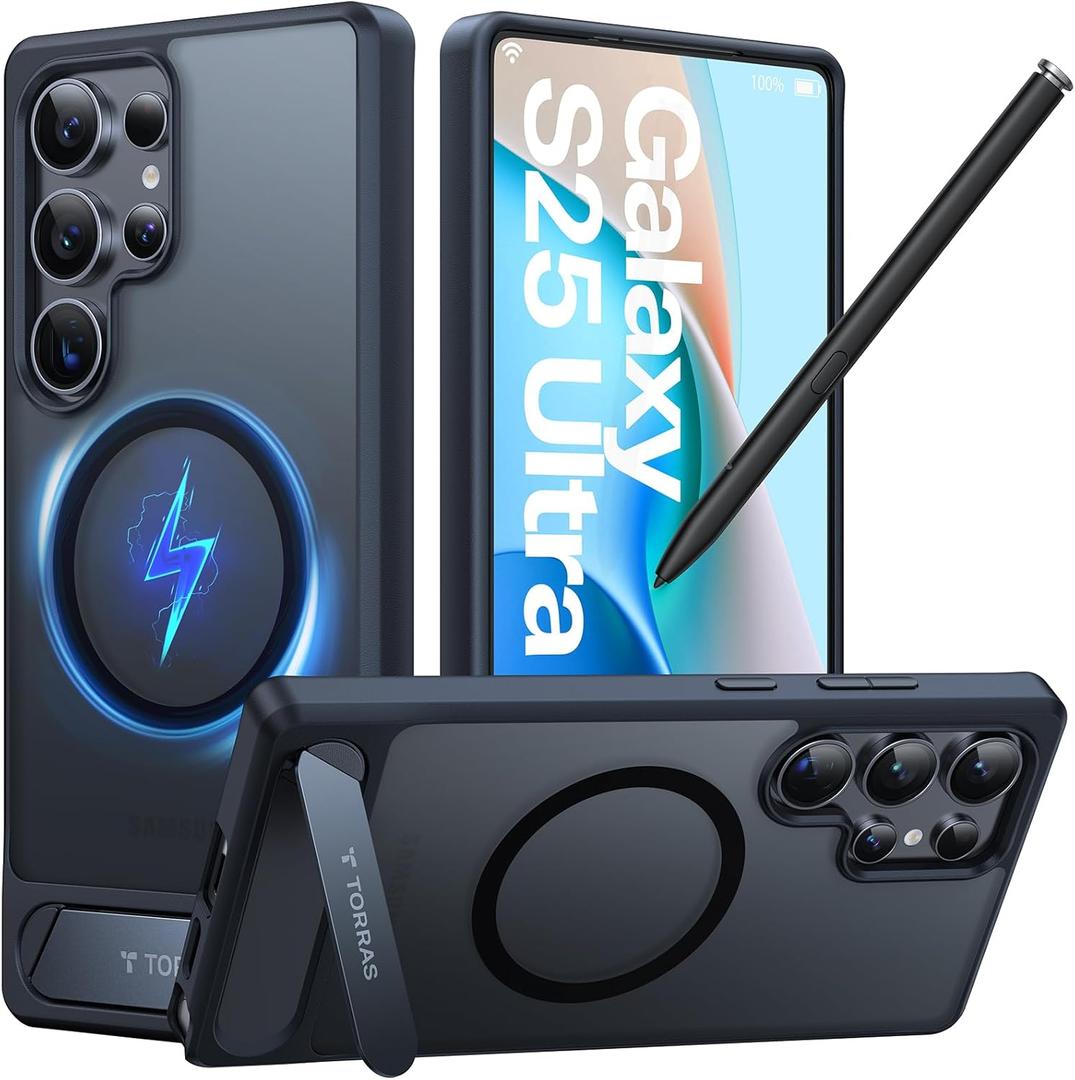 TORRAS Strong Magnetic & Seamless Stand for Samsung Galaxy S25 Ultra Case, Fit for MagSafe, MilGrade Drop Protection, Kickstand for Samsung Galaxy S25 Ultra Case, Translucent Back/Black Edge