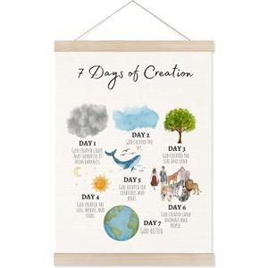 Christian Nursery Poster Hanger Frame, 7 Days of Creation Bible Verse Religious Educational Wall Art Prints Decor for Kids Room Church Nursery Sunday School Classroom, 12x16 Inch
