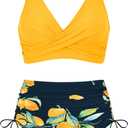 Women's High Waisted Bikini Sets V Neck Twist Front Ruched Bathing Suit Padded Lace Up Back Two Piece Swimsuit (M)