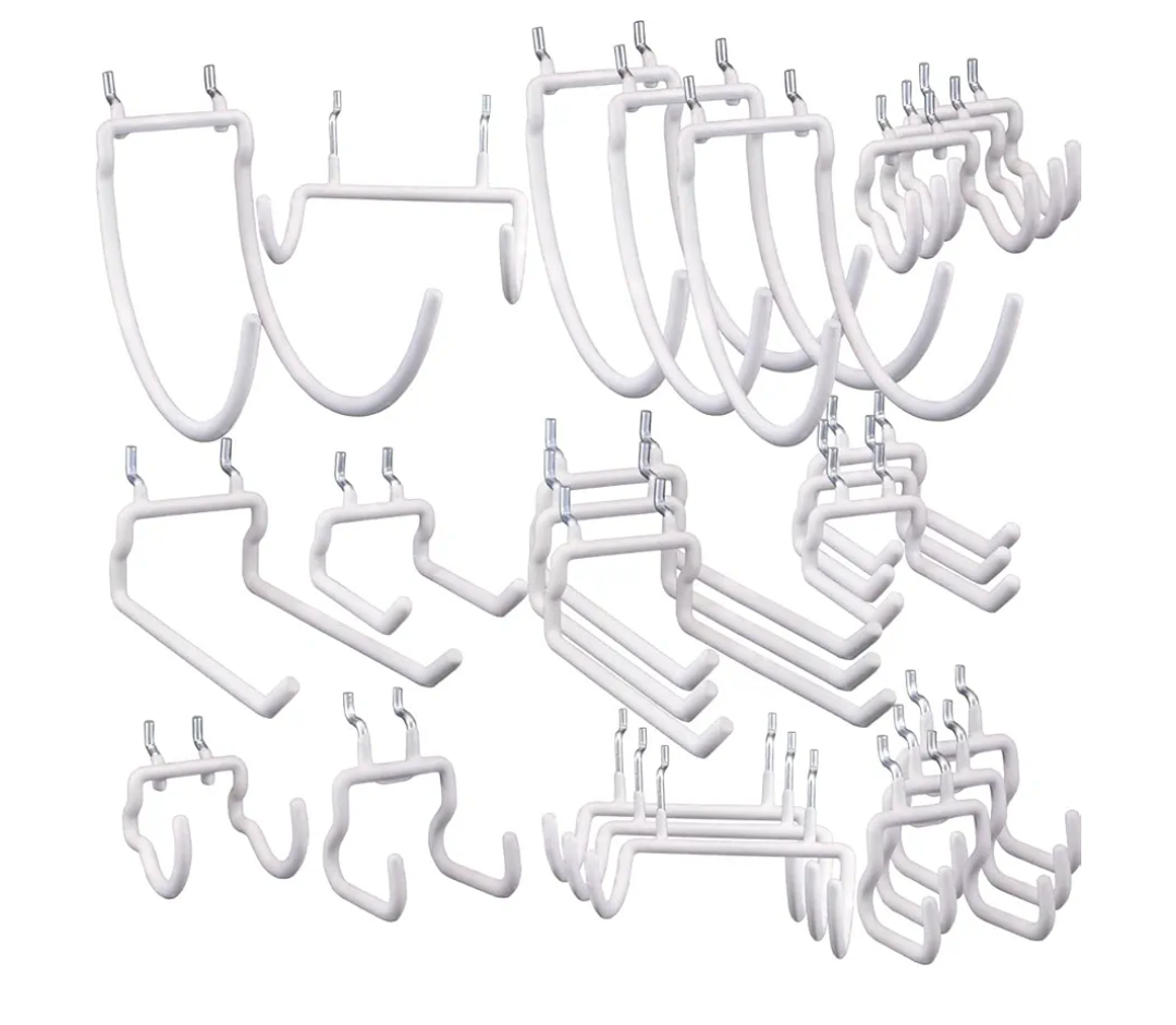 KINOMI 24 Pack Pegboard Hooks Heavy Duty Tool Hooks Peg Board Drill Holder Power Tool Holder Tool Hangers Peg Board Accessories and Hooks for Tools, Power Drills, Art and Craft Supplies etc (White)