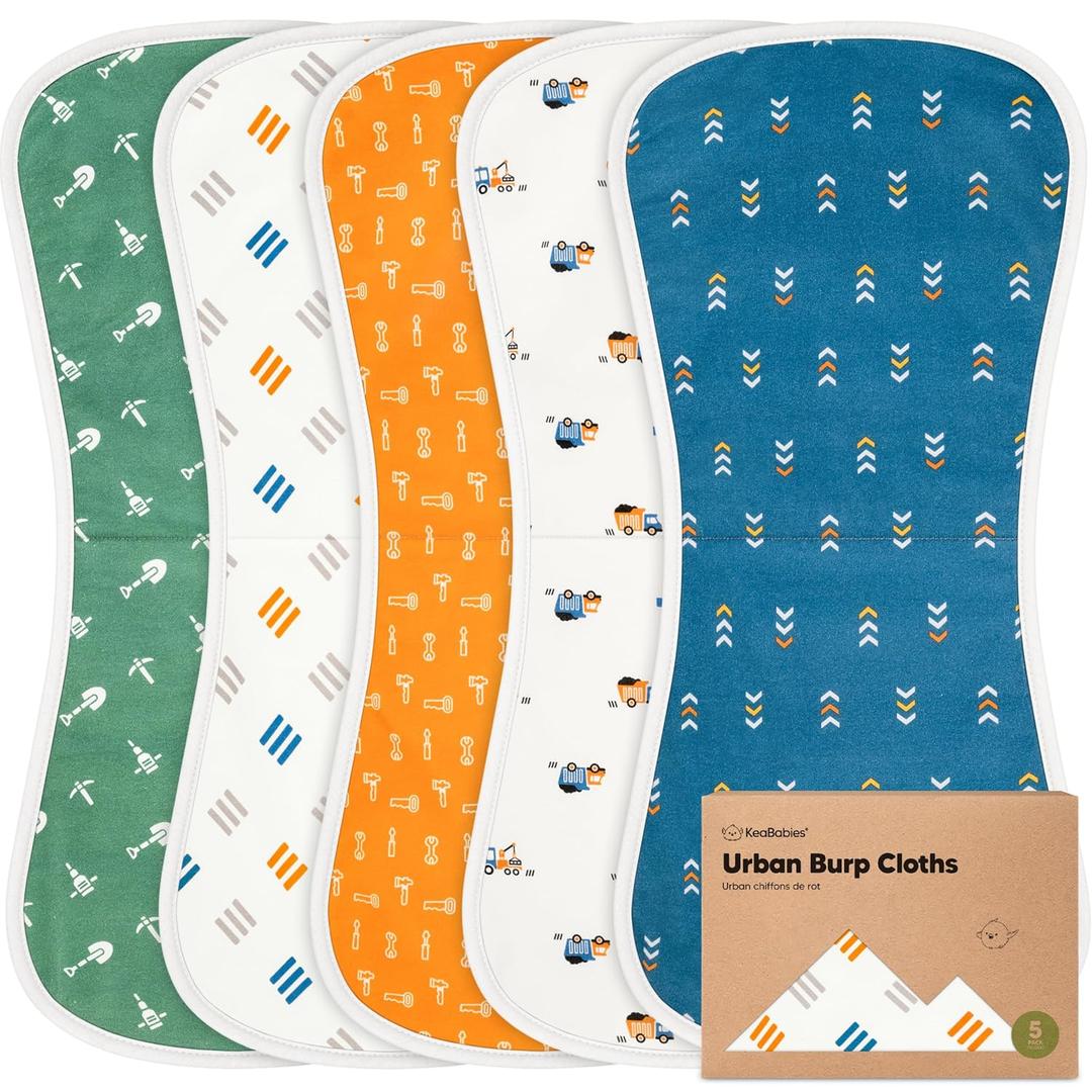 Organic Burp Cloths Baby Boy & Girl - 5-Pack Super Absorbent Cotton Burping Cloths for Babies, Soft & Plush Newborn Spit Up Rags, Infant Towels for Milk Spit Up, Unisex, Large 21" x 10" (Builders)