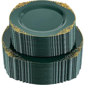 102PCS Green Plastic Plates - Green and Gold Plates - Fancy Heavy Duty Disposable Plate - Heavyweight Dinner & Dessert Plate for 51 Guests for Spring Party & Wedding