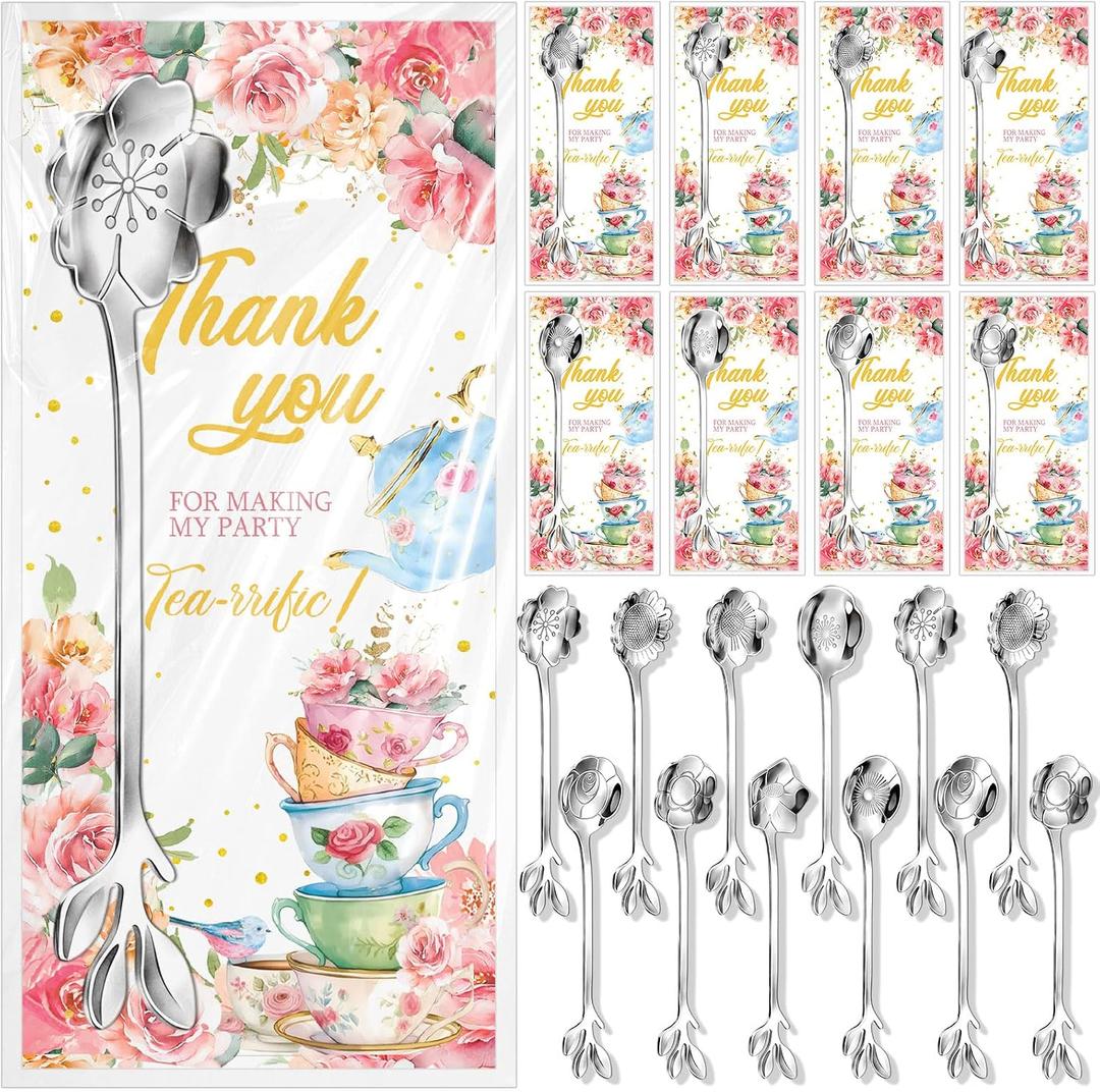 24 Set Tea Spoon Party Favors Sliver Tea Spoons Bulk 8 Style Flower Teaspoon with Thank You Cards Gift Bags Stainless Steel Dessert Coffee Spoons Bar for Bridal Shower Guest Souvenir Gift