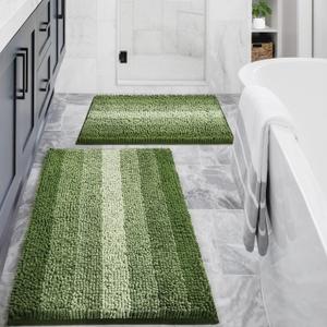 Gibelle Green Bathroom Rug Set 2 Piece, Chenille Non Slip Bath Mat Set, Absorbent Shower Rug and Bath Room Floor Mats, Quick Dry Bathmat Bathroom Decor Accessories for Tub, 16" x 24", 20" x 32"