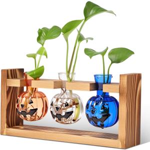 Mimorou Plant Propagation Stations Plant Terrarium with Wooden Stand Hydroponics Glass Vase Planter for Home Office Garden Table Decoration(Pumpkin)