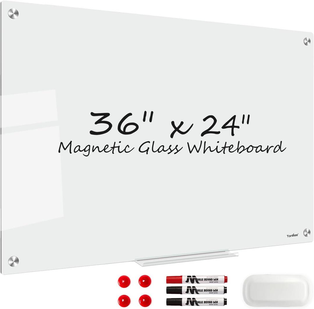 Glass Magnetic Dry Erase Whiteboard - TANKEE 36" x 24" Tempered Glass White Board, Large Modern Dry Erase Board for Wall, Office, Home, Shop Decoration, 3' x 2'