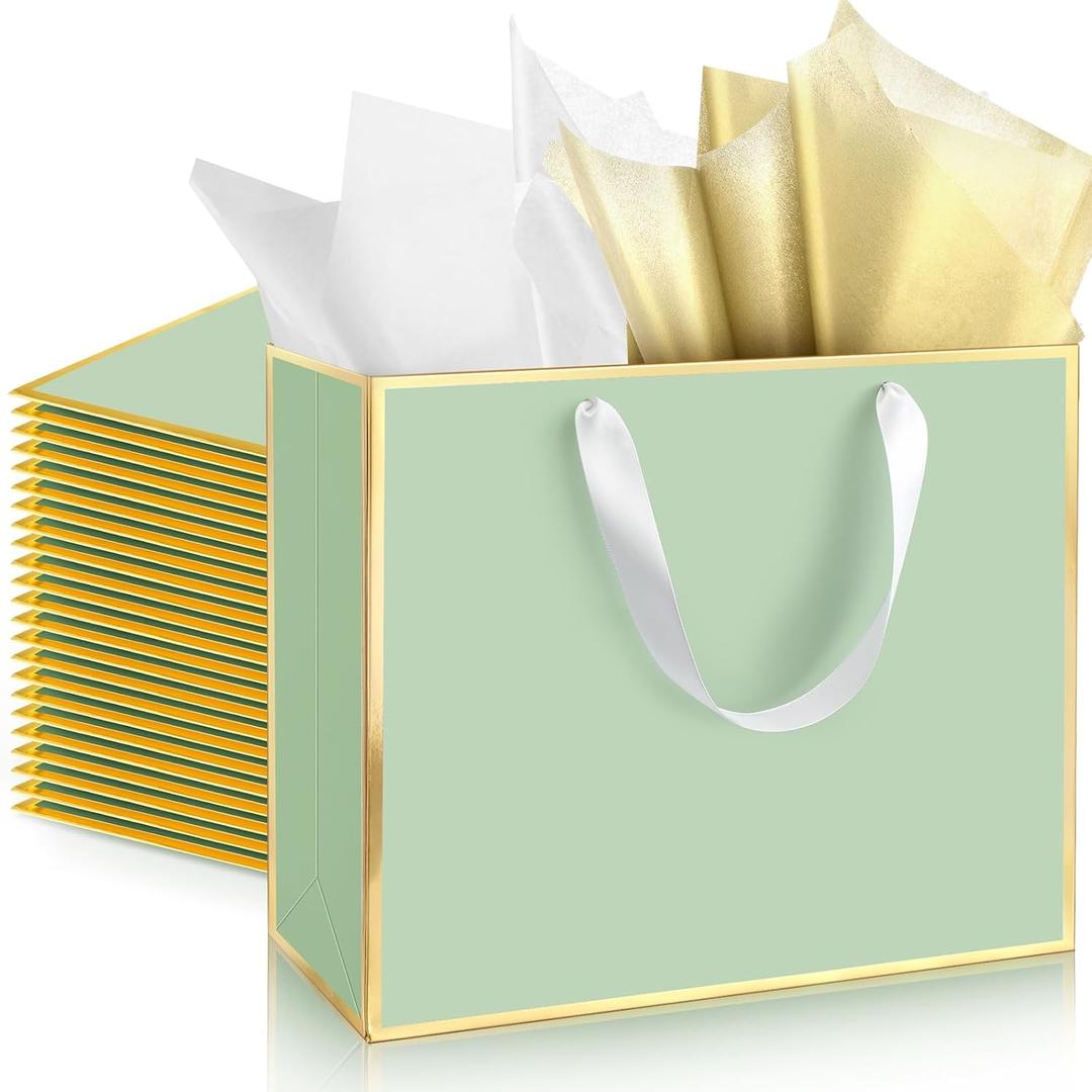 ReliThick 12 Pack Metallic Paper Gift Bag with Handles and Tissue Paper 11.8 x 10 x 4'' Thank You Favor Bag for Graduation Mother's Day Wedding Bridesmaid Groomsman 5 Senses Gifts (Sage Green)