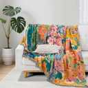 100% Cotton Floral Throw Blanket, Lightweight Muslin Quilt for Home Decor, All Season Reversible Jacquard Boho Farmhouse Picnic Blanket with Colorful Pattern,80"x90"