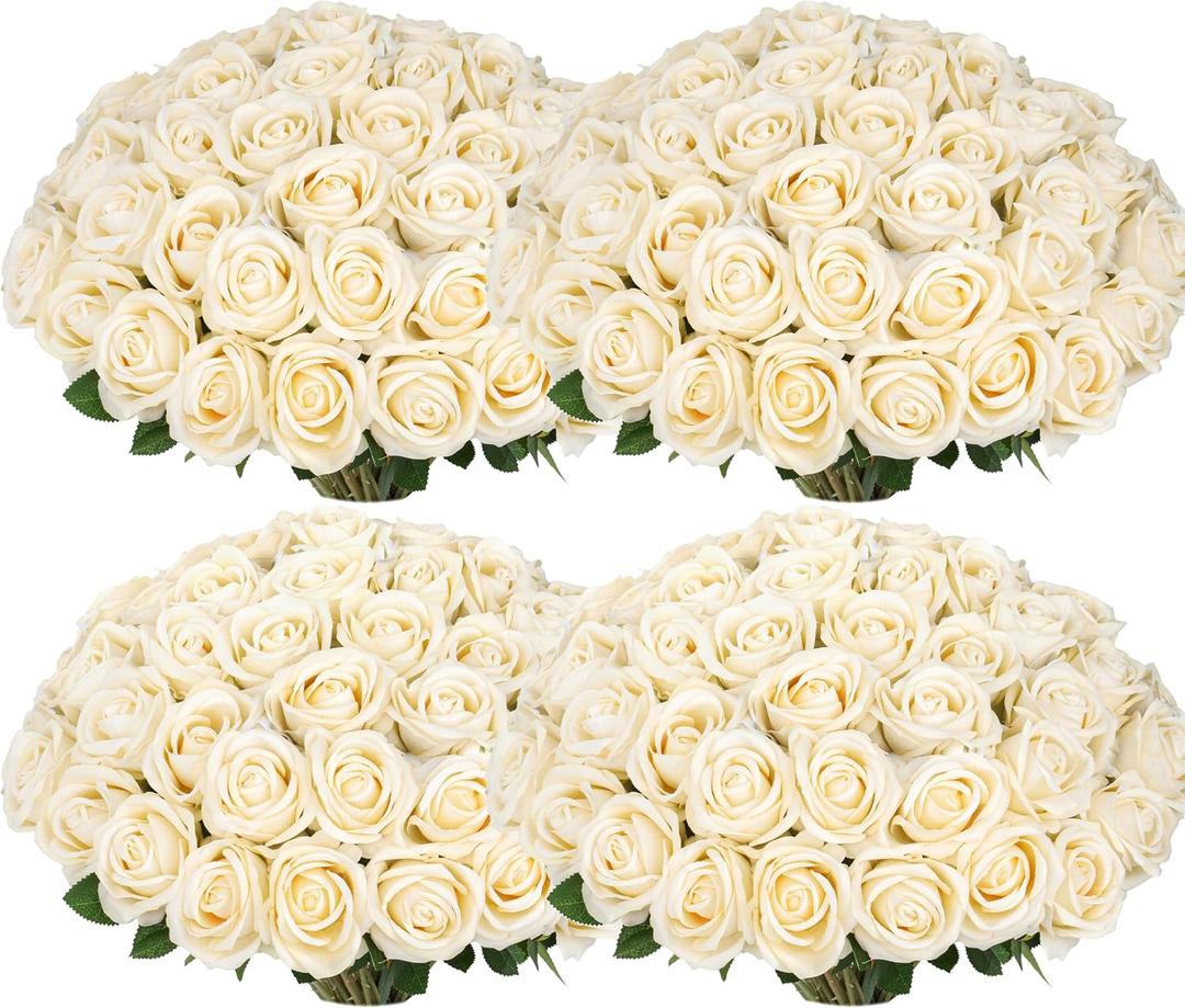 100 PCS Fake Champagne Roses, Artificial Champagne Flowers Bulk Realistic Silk Faux Rose with Stems for Wedding Decoration Anniversary Bridal Bouquet DIY Floral Arrangement Romantic Home Decor Gifts