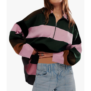 Women's Oversized Quarter Zip Sweater Trendy Color Block Striped Y2K Pullover Cozy Loose Knit Fall Tops M