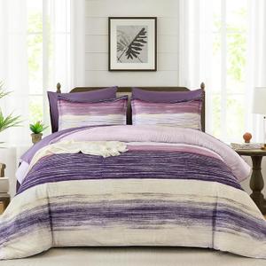 WONGS BEDDING 7 Piece Queen Comforter Set, Purple Striped Queen Size Bedding Set for All Season, Boho Soft and Breathable Bed in a Bag with Comforter, Flat Sheet, Fitted Sheet, Pillowcases & Shams