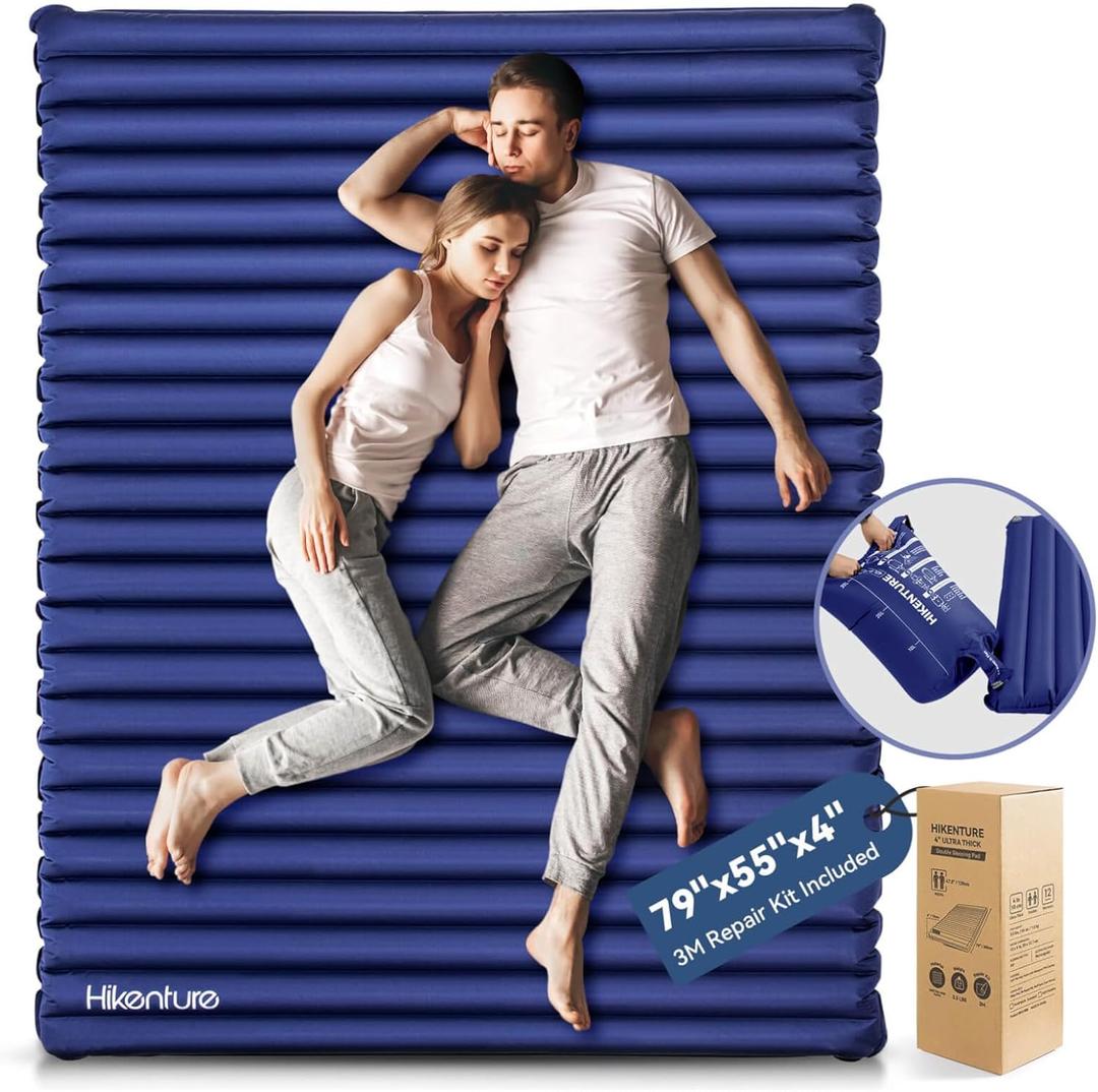 Hikenture Double Sleeping Pad for Camping, Ultralight 4" Extra-Thick Camping Mattress 2 Person, Inflatable Backpacking Sleeping Mat, Hiking Air Mattress for Tent (Navy Pumpsack 79x55in)