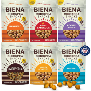 BIENA Chickpea Snacks - Crunchy Roasted Chickpeas - High Fiber Vegan Protein Snack for Adults & Kids - 6-Pack, 5 oz Bags - BBQ, Habanero, Honey Roasted, Lil' Bit of Everything, Sea Salt, Rockin' Ranch, EXP. 07/23/2026