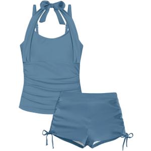 Girls Swimsuit V-Neck Cutout Tankini Tropical Print Swimwear with Shorts 2 Piece Bathing Suit for Girls 7-16Y (15-16 Years, Blue)