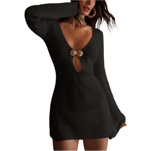 SOLY HUX Women's Crochet Swim Cover Up Long Sleeve Deep V Neck Swimsuit Dress Beach Bathing Suit Pure Black Large (Black)