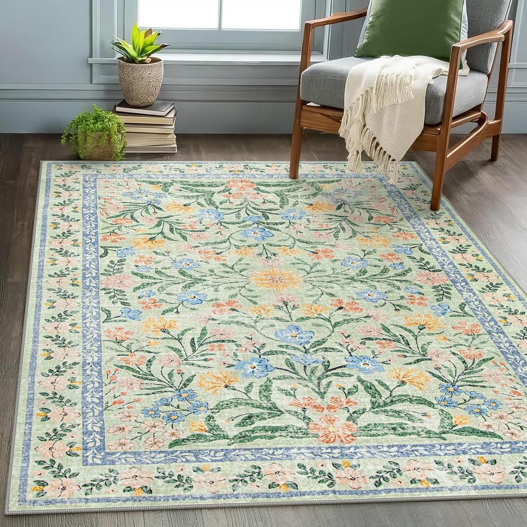 Wonnitar Machine Washable 5x7 Area Rug, Boho Floral Rugs for Living Room Non-Slip, Soft Pink and Green Flower Ultra-Thin Non Shedding Carpet for Bedroom Dining Room Nursery