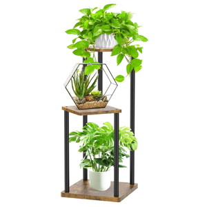 Oppro 3 Tier Corner Plant Stand Indoor, Metal Wood Flower Pot Holder Shelf, Multiple Display Rack Square Table for Living Room Bedroom Orchid Outdoor Balcony Garden Patio, Modern Black & Rustic Brown